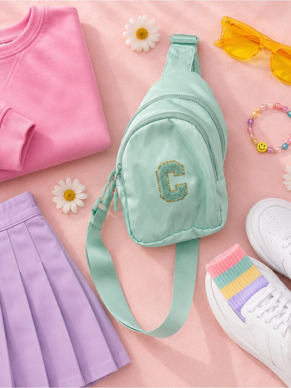 Viverte Mint Initial C Sling Backpack Girls Crossbody Bag